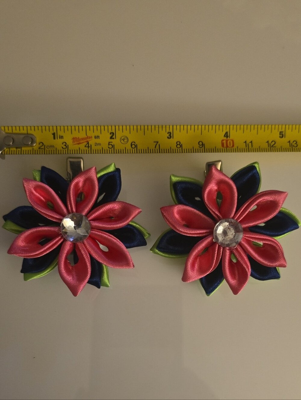 Handmade Pink Navy Green Floral Satin Hair Clips with Crystal Accent - Picture 1 of 5